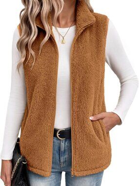 Light Brown Medium Sherpa Fleece Vest for Women - Sleeveless Zip-Up Fall Jacket
